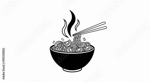 Black and white illustration of steaming noodles in a bowl with chopsticks