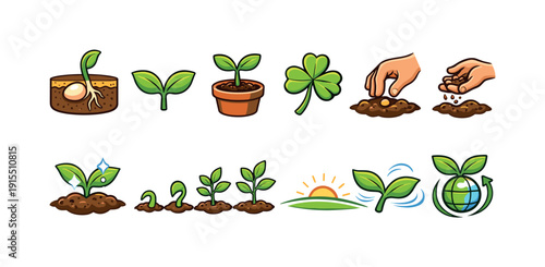 Gardening, planting flat icon set. Growth, horticulture flat icons collection