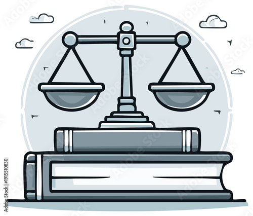 Stylized illustration of weighing scales atop books symbolizing justice and learning