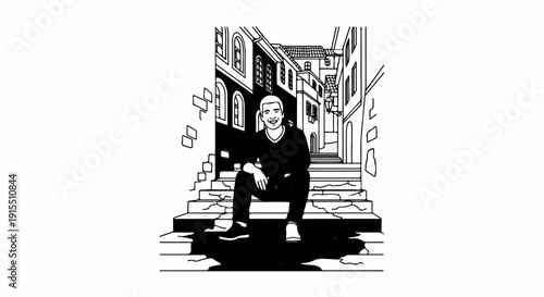 Black and white illustration of a smiling man sitting on steps in a narrow street