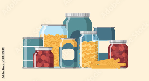 Assorted pantry staples in glass jars and tin cans on a light background