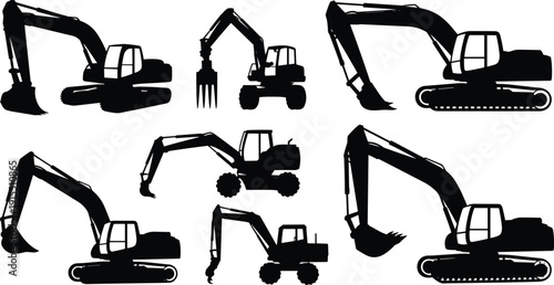 Set of excavator silhouette icons in different positions, heavy construction machinery collection for digging, demolition and earthmoving work, isolated black vector illustration.