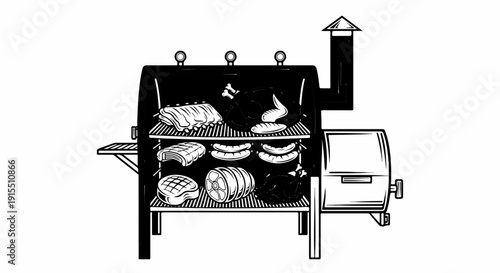 Black and white illustration of a smoker filled with various meats for grilling