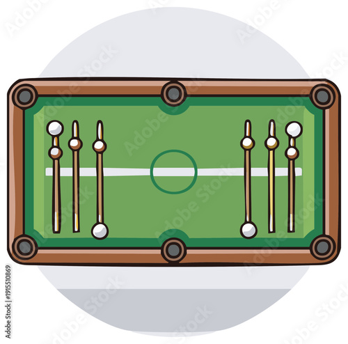 Pool table transformed into a sports field with billiard cues standing like players in a cartoon game