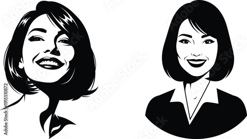 Stylized black and white vector art portraits of two joyful women with different hairstyles, celebrating diverse beauty and happiness.