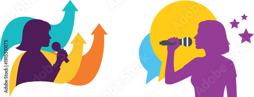 Colorful graphic illustrations of women holding microphones against abstract backgrounds, symbolizing public speaking, podcasting, and voice.