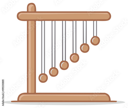 Illustration of a Newton's cradle physics experiment with wooden frame