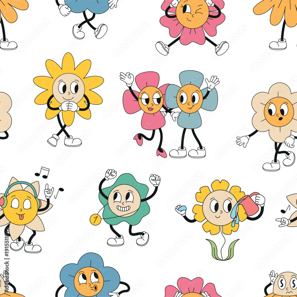 Fototapeta premium Retro chamomile characters seamless pattern. Cartoon funny flowers, blossom daisy different emotions. Groovy print for fabric, textile, wallpaper, vector background