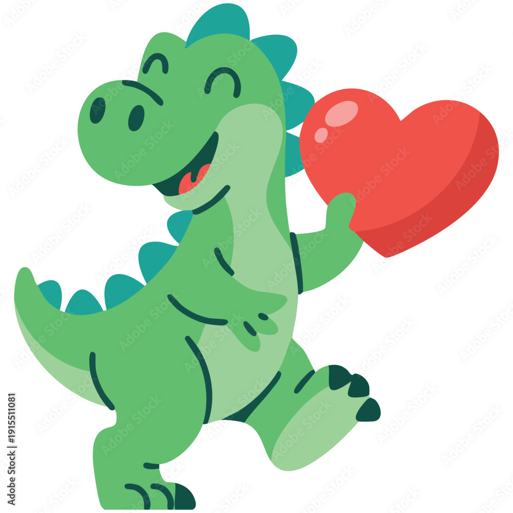 Fototapeta premium Cute Tyrannosaurus Dinosaur Head Holding a Red Heart for Valentines Day