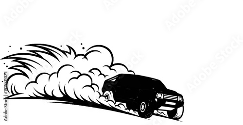 Black car drifting with stylized smoke and speed lines on white background