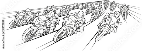 Black and white illustration of a motorcycle race on a track