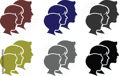 Family Silhouette Profile – Diverse Color Variations of Mother, Father, and Child Heads in Minimalist Line Art for Family Branding, Logos, and Relationship Projects