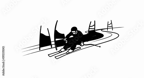 Black and white illustration of a skier navigating a slalom course