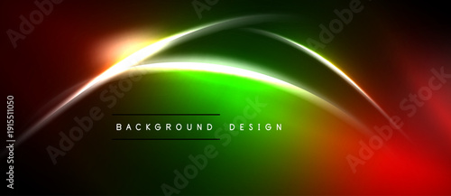 Abstract vibrant lines create flowing curves. Green dominates center, fading into red. Dark background emphasizes bright glow. Text reads background design.
