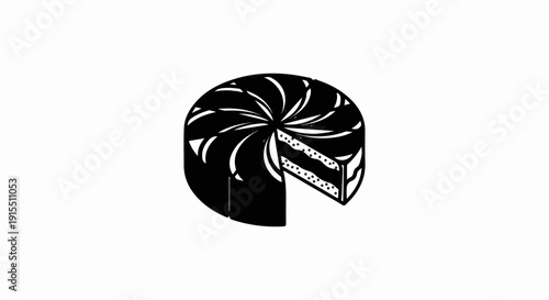 Black and white illustration of a sliced cake with frosting swirls and dots