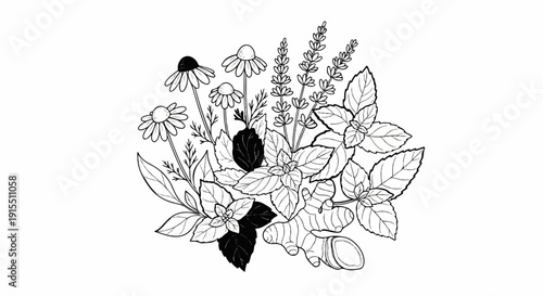Black and white illustration of medicinal herbs and roots