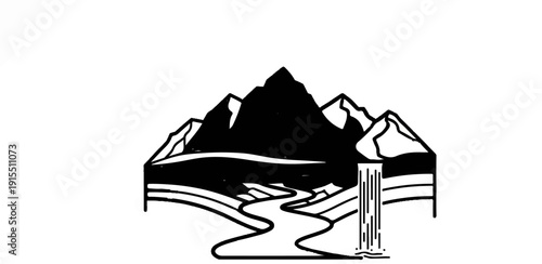 Black and white illustration of mountains with a winding river and waterfall