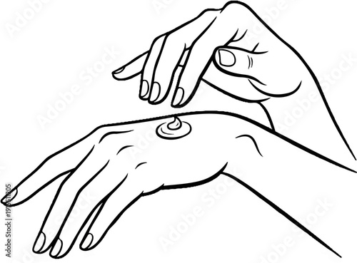 Black and white line drawing of hands applying cream