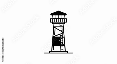 Black and white illustration of a simple tower structure with a roof