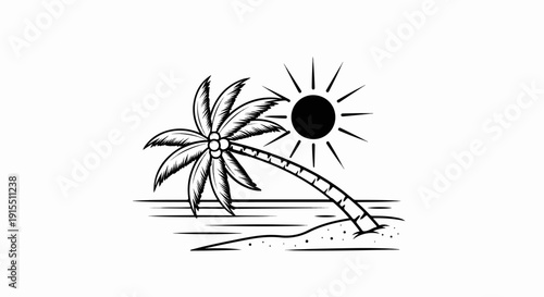 Black and white illustration of a palm tree on a sandy beach under a bright sun