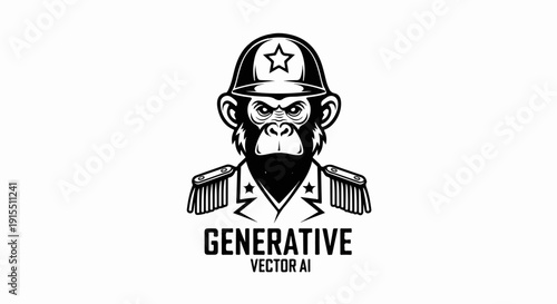 Black and white illustration of a chimpanzee in military uniform