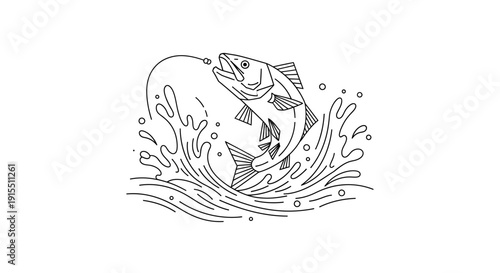 Detailed Line Drawing of Leaping Fish.