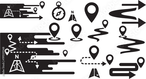 Navigation icons and map markers for travel and direction