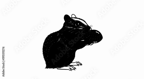 Black and white illustration of a chipmunk holding a large, dark nut