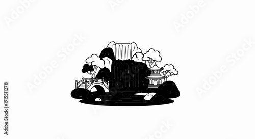 Black and white illustration of a serene Asian garden with a waterfall, bridge, pagoda, and trees