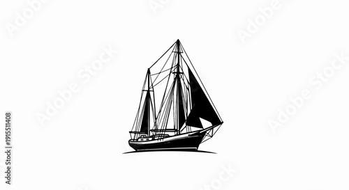 Black and white illustration of a schooner sailboat with sails unfurled