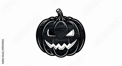 Black carved Halloween pumpkin with spooky face, white outline