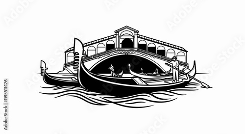 Black and white illustration of gondolas and a grand arched bridge over water