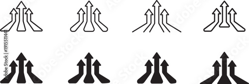Set of black and white arrow icons pointing upwards in different styles and variations