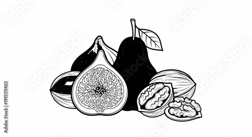 Black and white illustration of fresh figs and walnuts scattered on a white background
