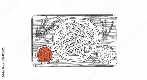 Artistic sketch of crispy french fries with dipping sauces on a wooden board