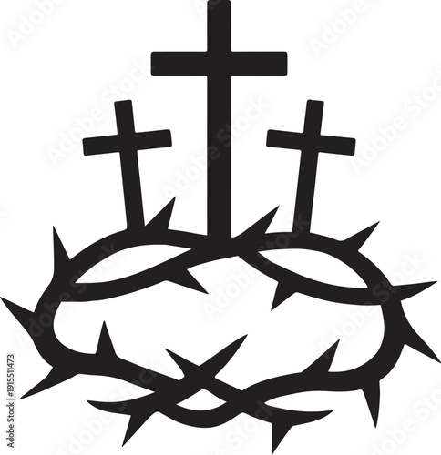 Black Crown of Thorns with Three Crucifixes on White Background