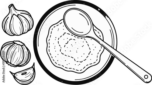 Black and white illustration of garlic bulbs and a bowl of food with a spoon