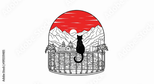 Black cat on balcony overlooking cityscape and mountains at sunset