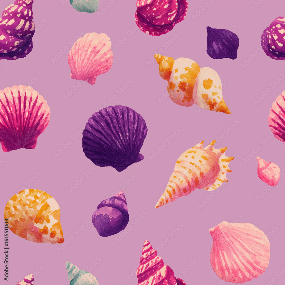 Fototapeta premium Seamless watercolor seashell pattern with colorful scallop and spiral shells on soft pastel background for summer textile design, beach themed packaging, coastal wallpaper, wrapping paper, fabric
