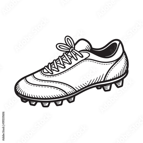 Detailed black and white sketch of a classic soccer shoe with laces and textured sole