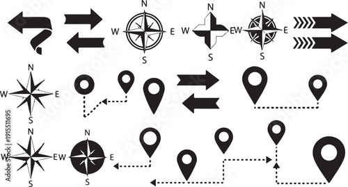 Collection of navigation compass and map icons and symbols