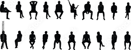 Black vector silhouette set of diverse people sitting in various poses for social gathering interior design casual lifestyle and human figure branding