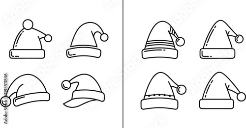 Santa hat collection vector line icons set with Christmas holiday winter festive cap illustrations isolated