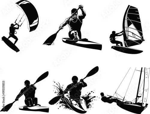 Water sports illustrations featuring various activities and equipment