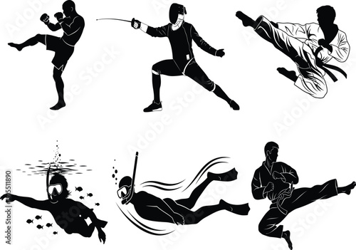 Martial arts silhouette illustrations of various kicking and punching techniques in action