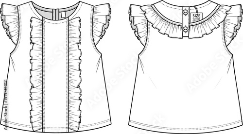 Girl’s sleeveless top technical flat sketch, front view, back view, ruffle detail, cap sleeves, button placket, curved hemline, garment construction, apparel design, vector illustration