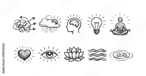 Mindfulness, meditation icon set. Wellness, relaxation outline icons collection