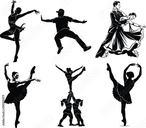 Silhouette illustrations of various dance styles and partners in motion