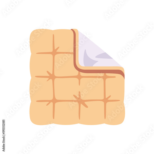 beige blanket, white corner, bedroom bedding, colorful vector flat style illustration
