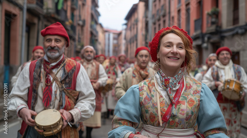 Fiesta de la Virgen Blanca, Smiling Woman Drummer in Traditional Basque Costume at Fiesta de la Virgen Blanca Street Parade